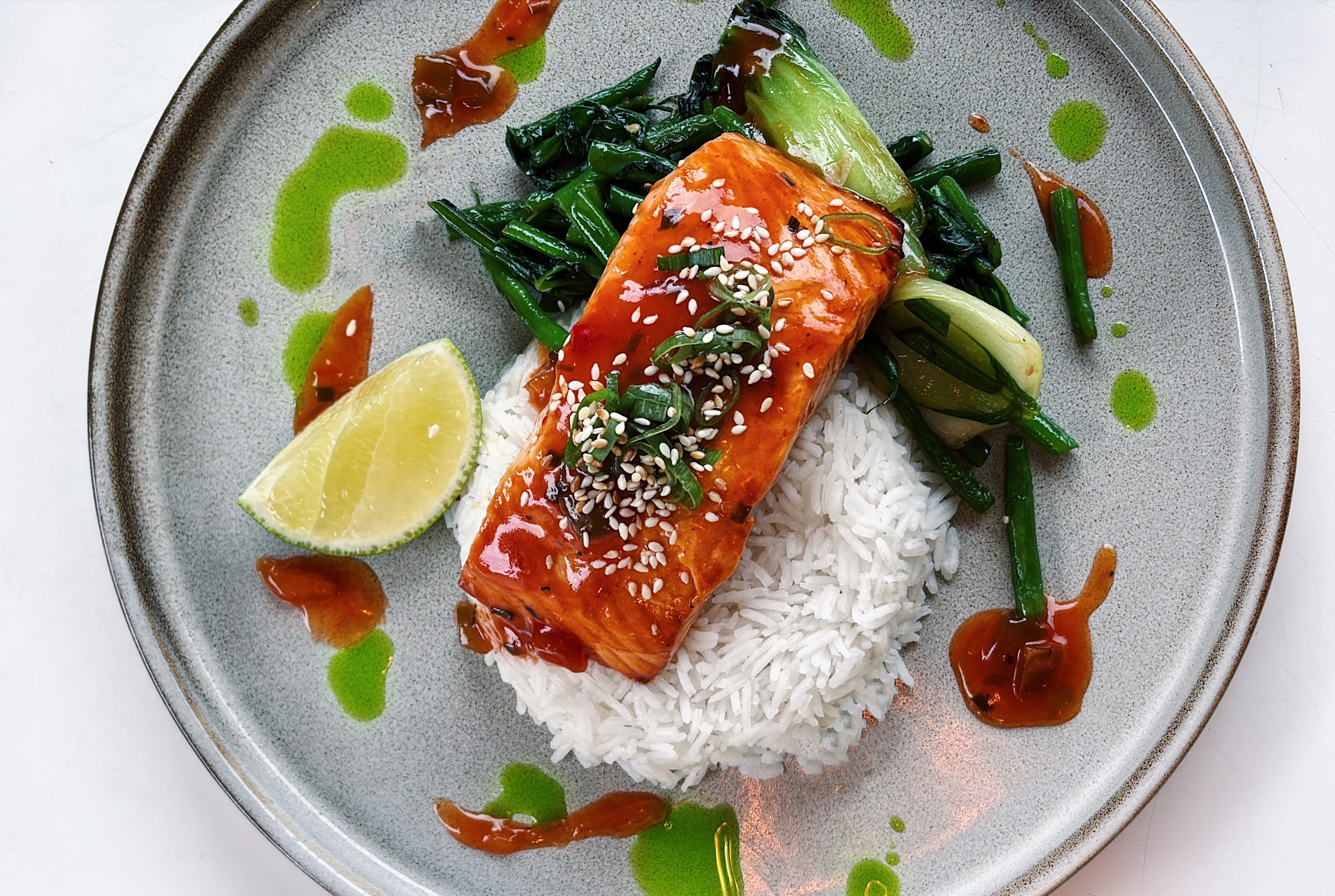 Sticky Sweet & Sour Glazed Salmon With Sesame Jasmine Rice