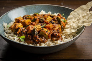 Fiery Jalfrezi Okra, Tofu and Pumpkin Curry with Black Sesame Seeds