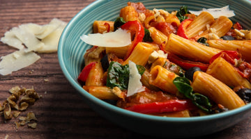 Pasta Arrabbiata with Roasted Red Pepper, Olives & Spinach