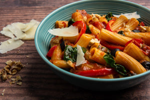Pasta Arrabbiata with Roasted Red Pepper, Olives & Spinach