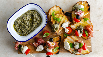 Caprese Skewers with Prosciutto & Basil Pesto