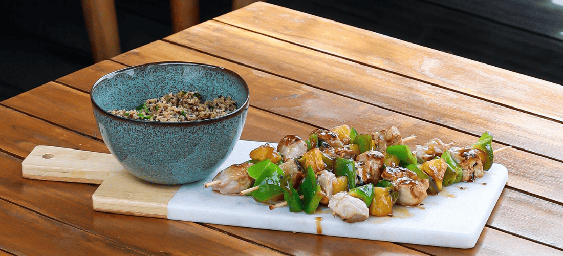 Pork & Pineapple Teriyaki Skewers with Quinoa Salad